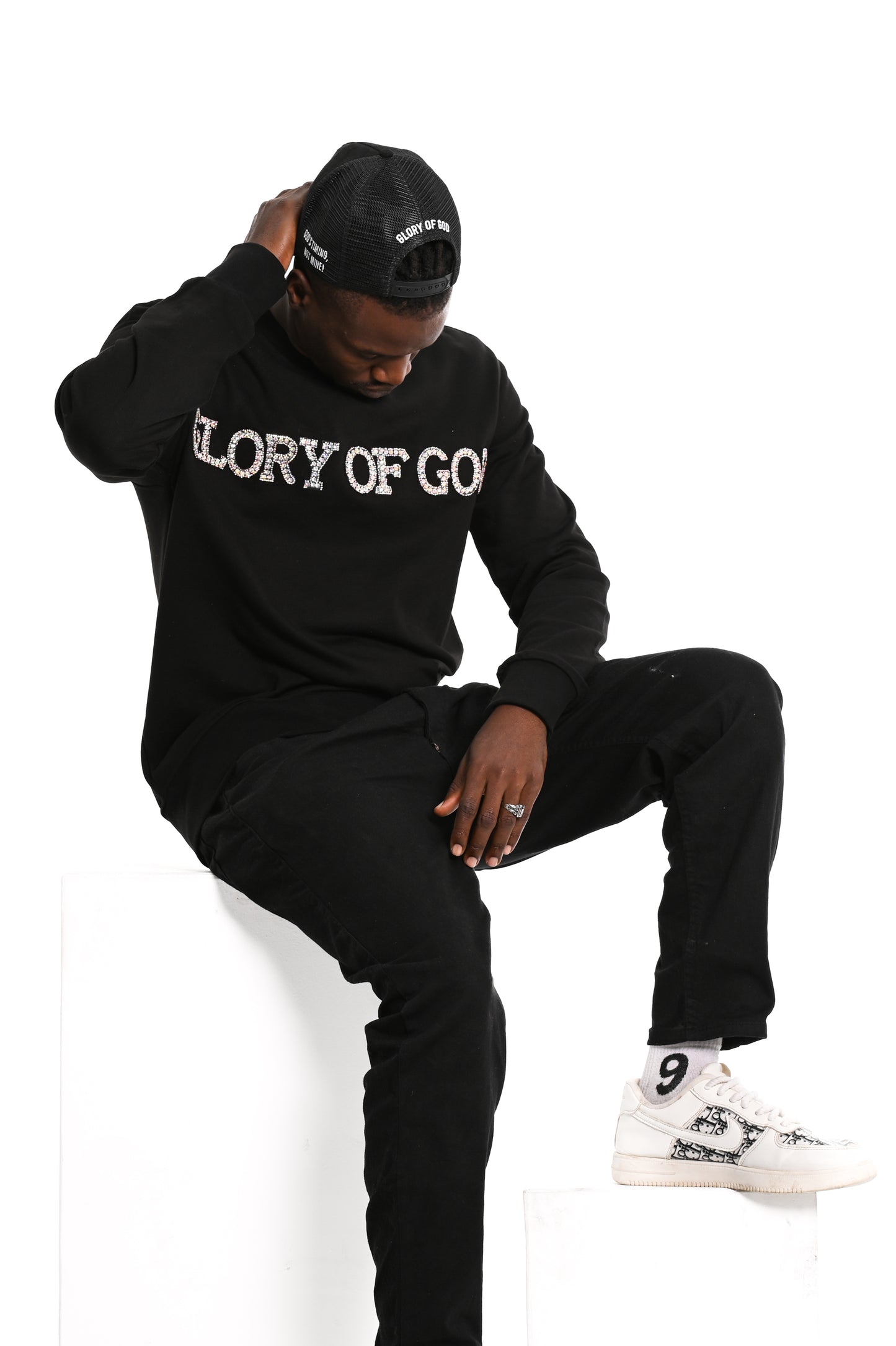 Glory of God Oversized Sweatshirt- Black- rhinestones print