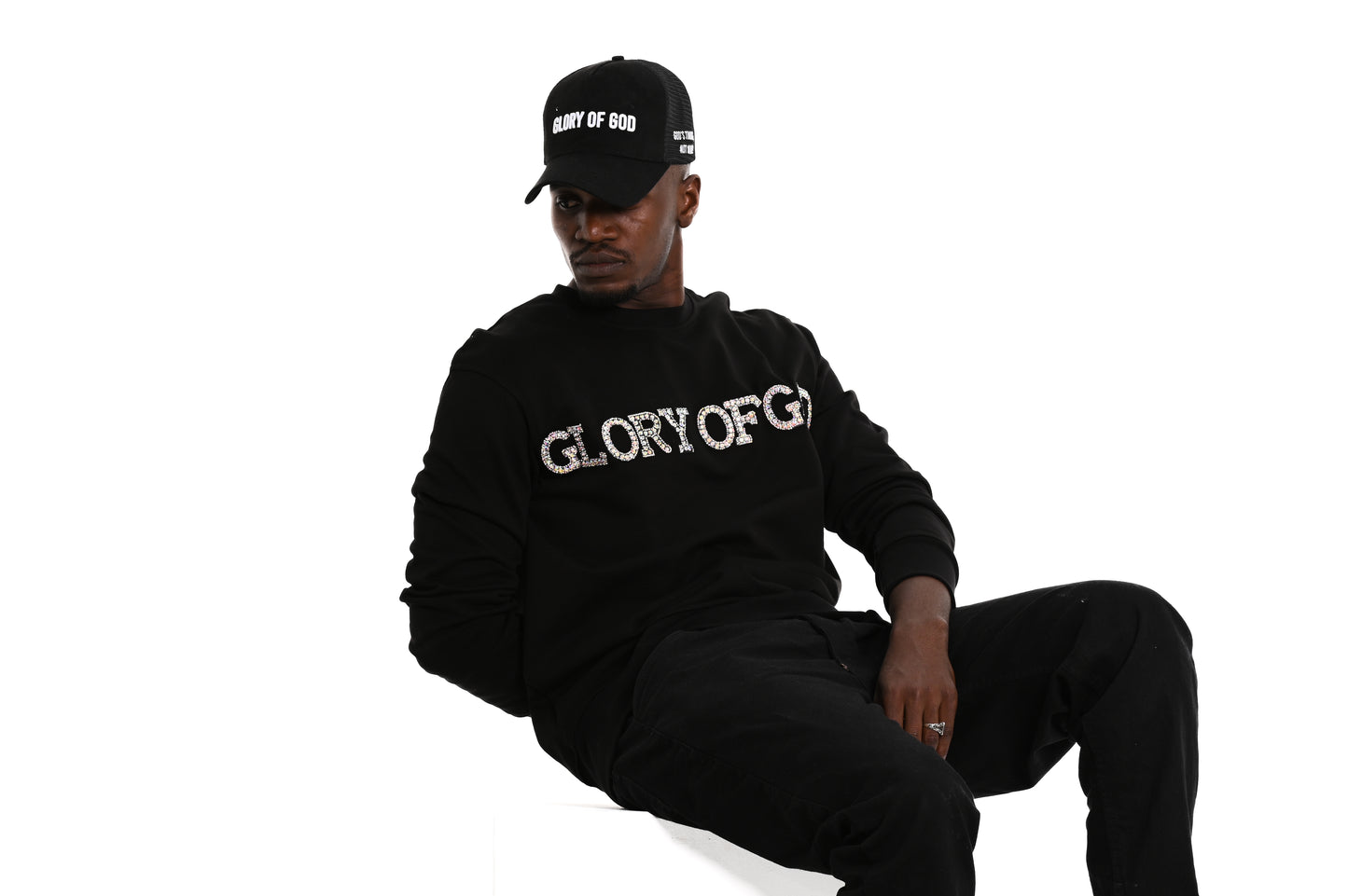 Glory of God Oversized Sweatshirt- Black- rhinestones print