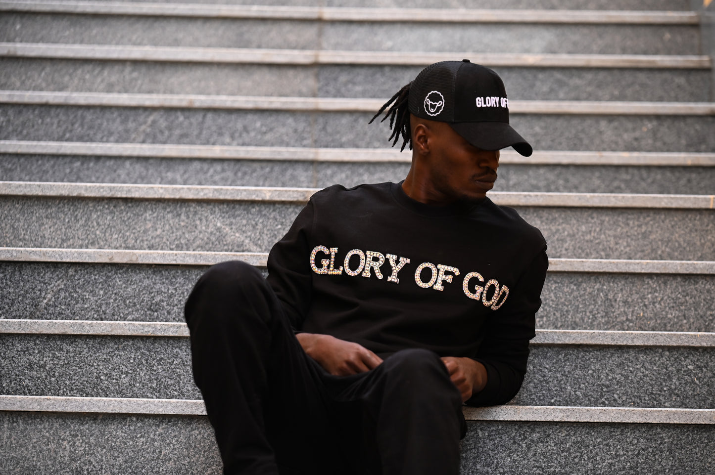 Glory of God Oversized Sweatshirt- Black- rhinestones print