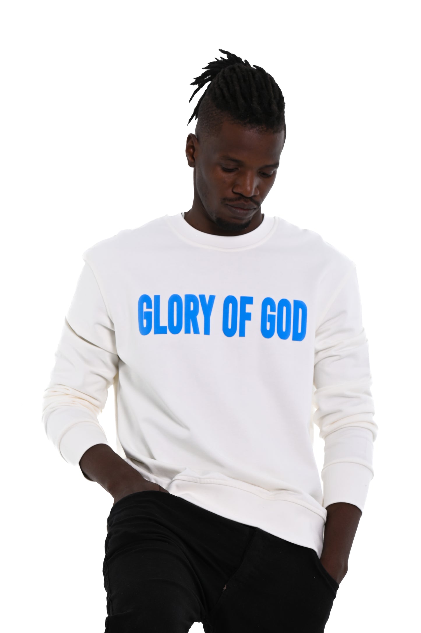 Glory of God Oversized Sweatshirt- White- Sky Blue print