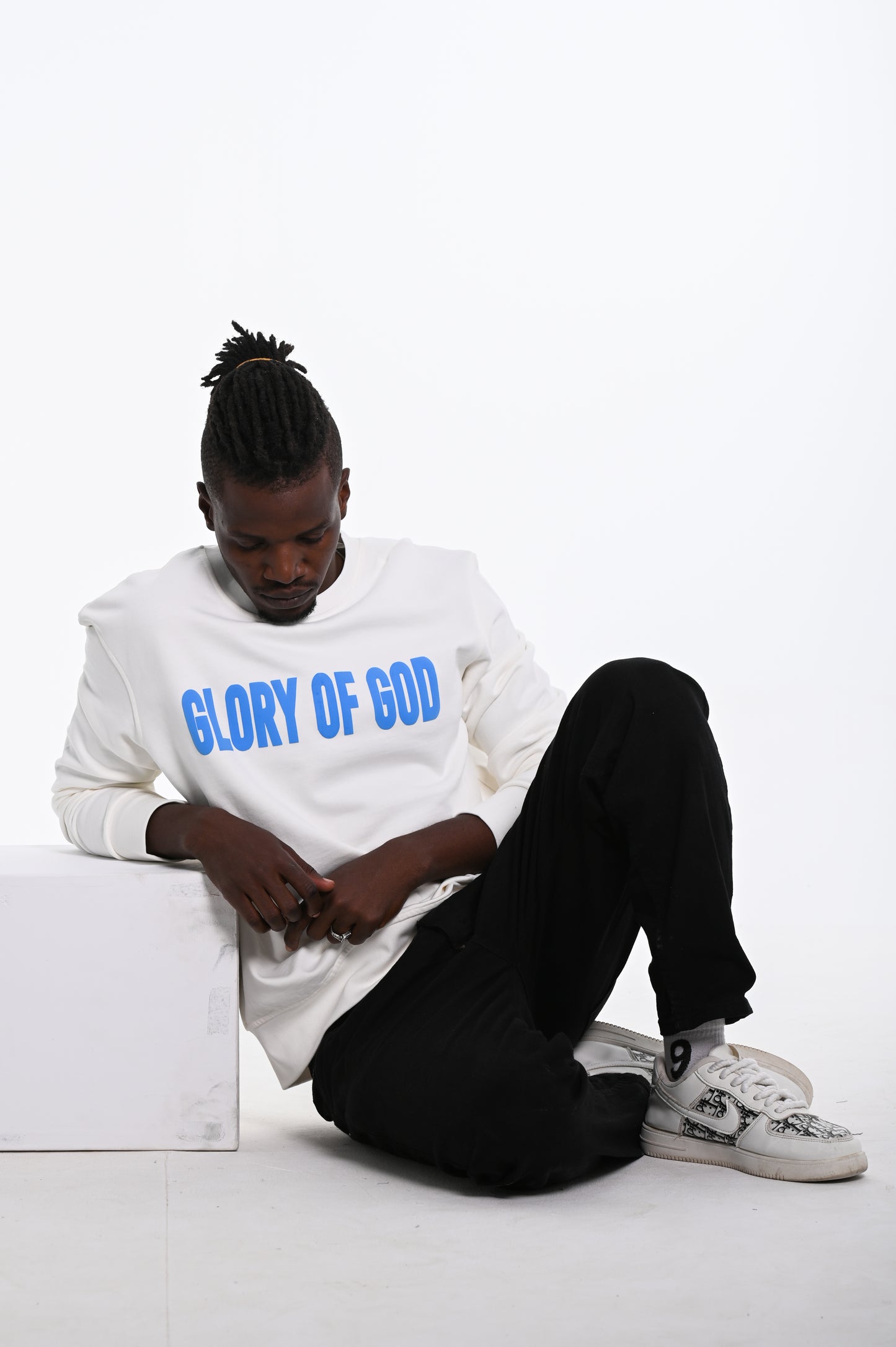 Glory of God Oversized Sweatshirt- White- Sky Blue print