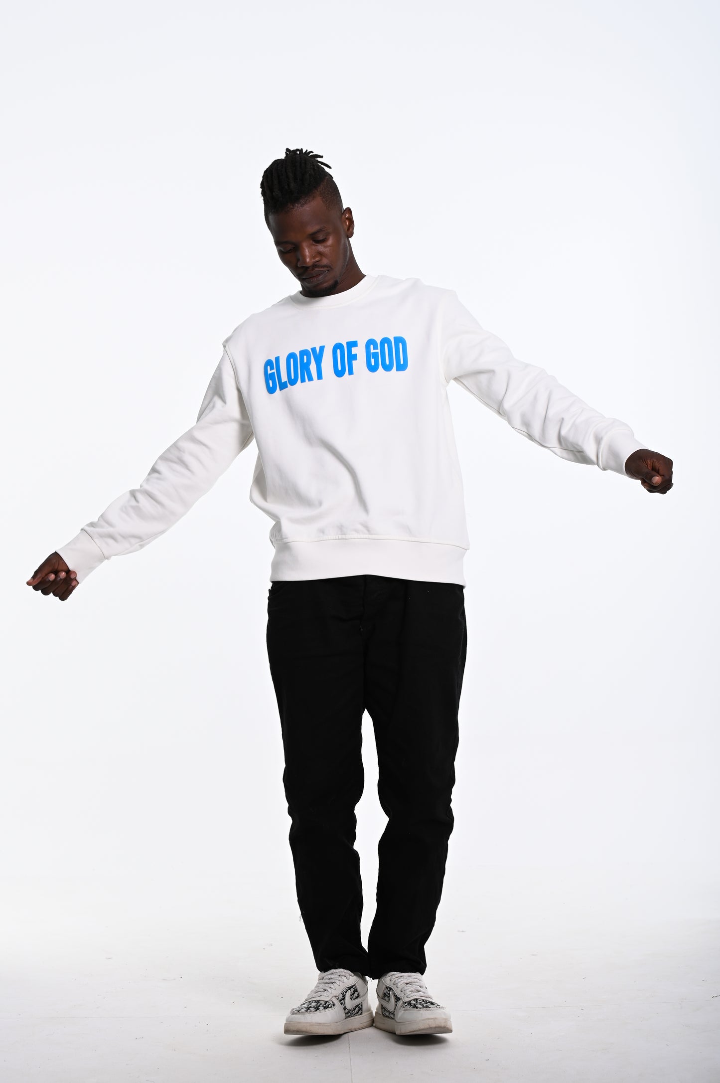 Glory of God Oversized Sweatshirt- White- Sky Blue print