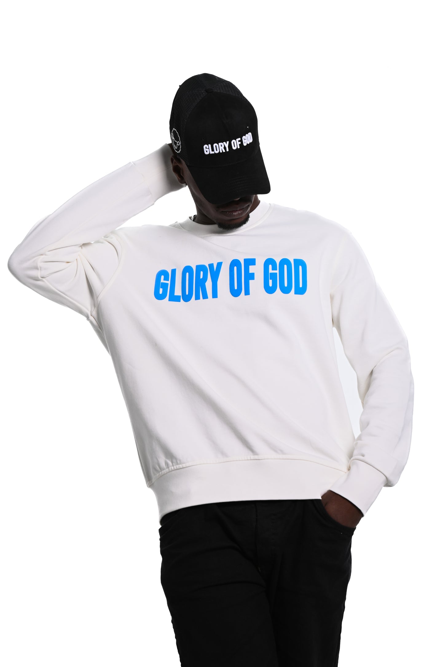 Glory of God Oversized Sweatshirt- White- Sky Blue print