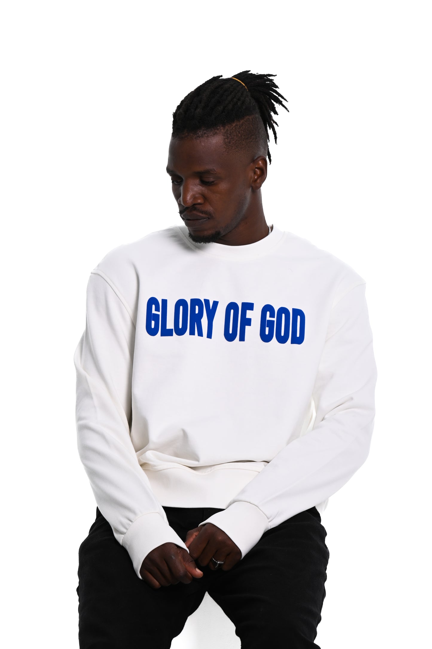 Glory of God Oversized Sweatshirt- White- Blue print