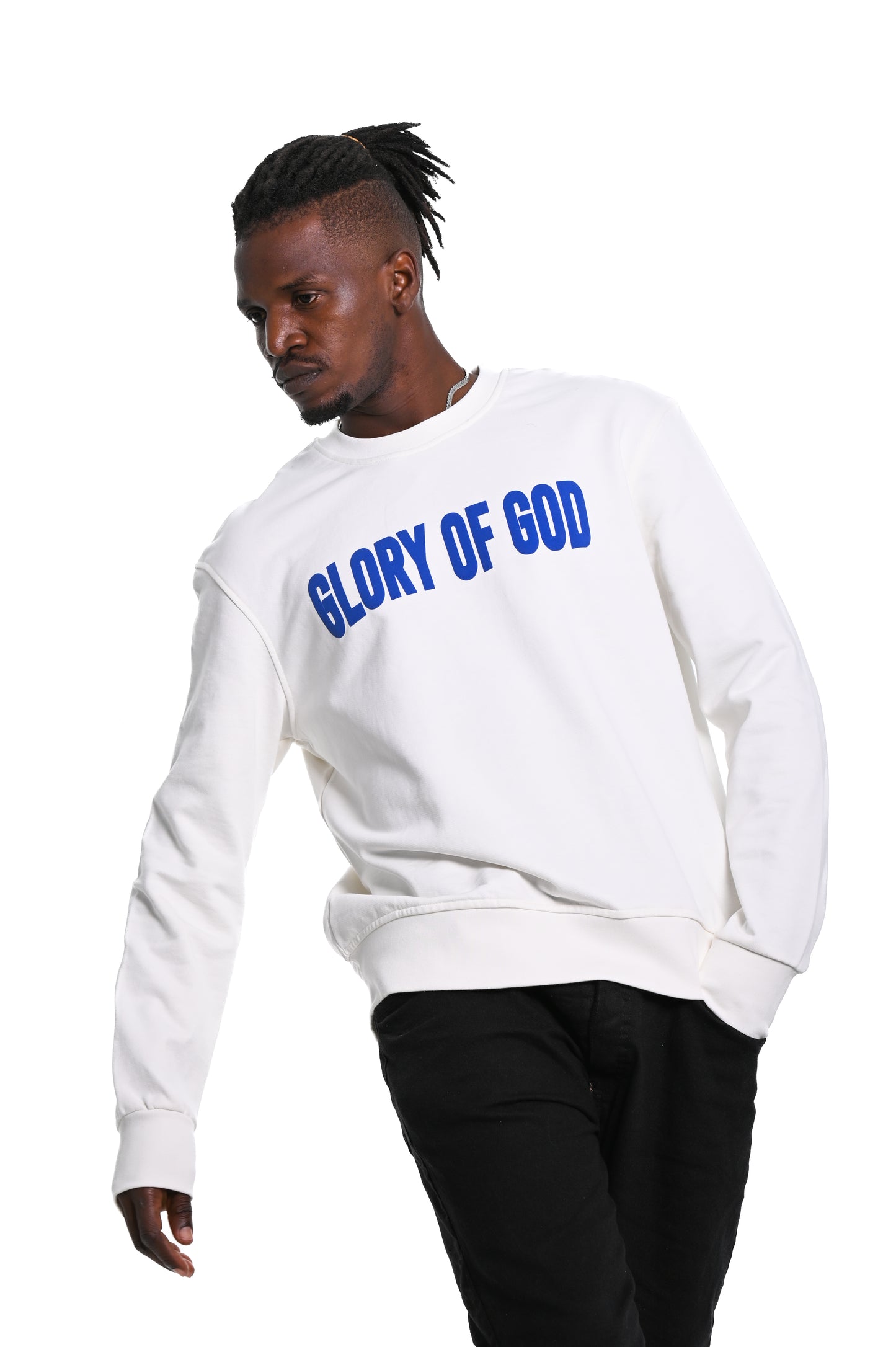 Glory of God Oversized Sweatshirt- White- Blue print