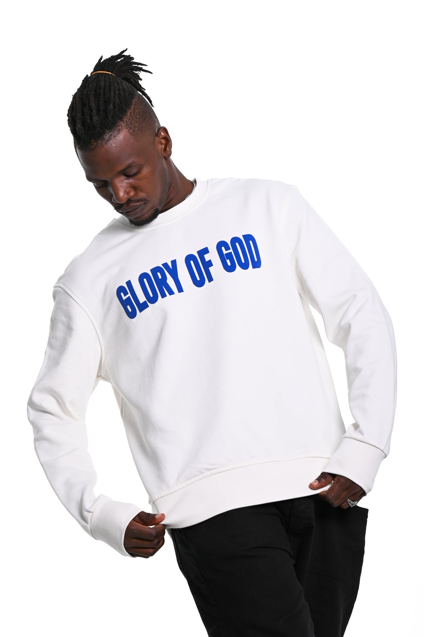 Glory of God Oversized Sweatshirt- White- Blue print