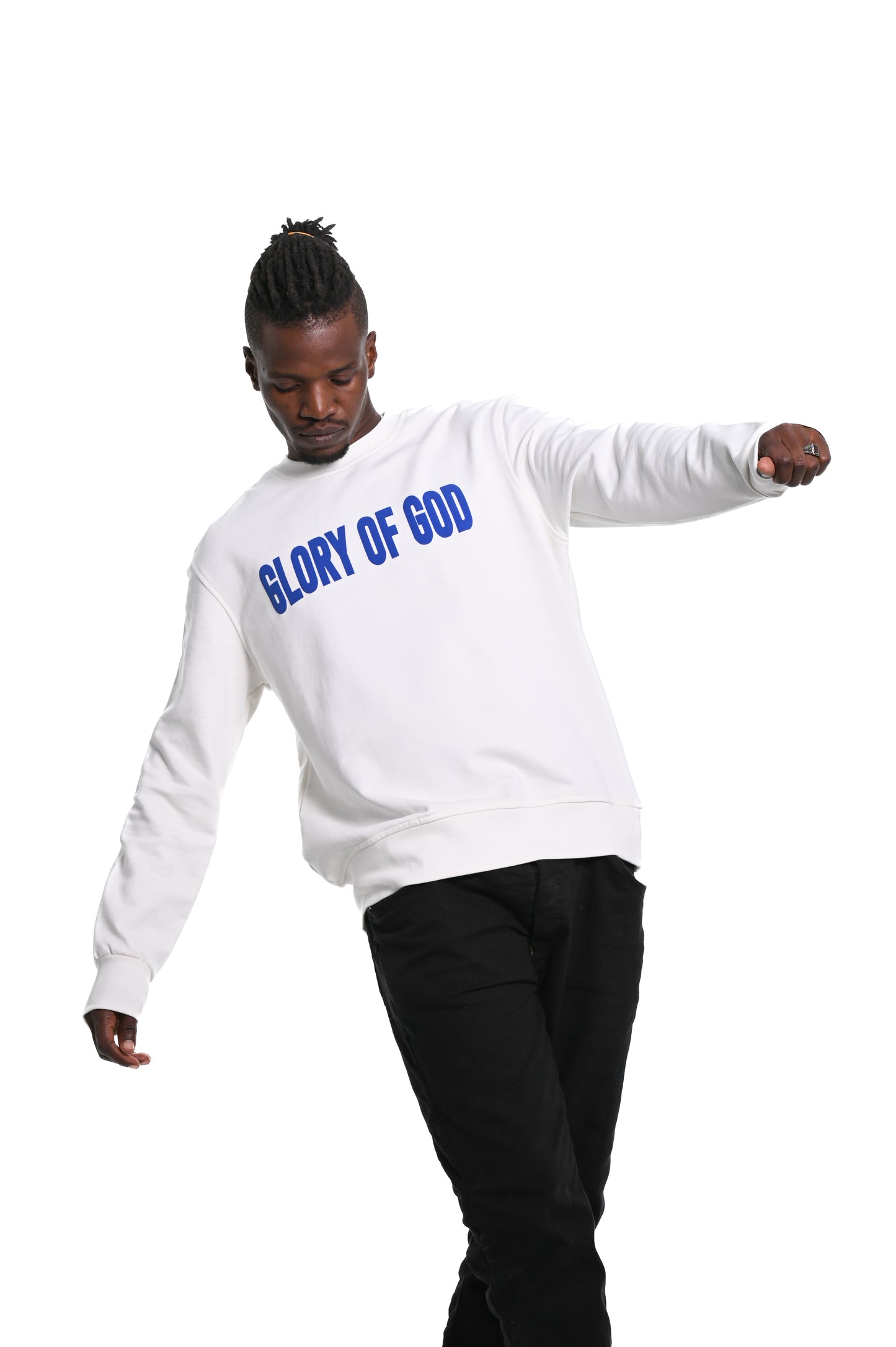 Glory of God Oversized Sweatshirt- White- Blue print