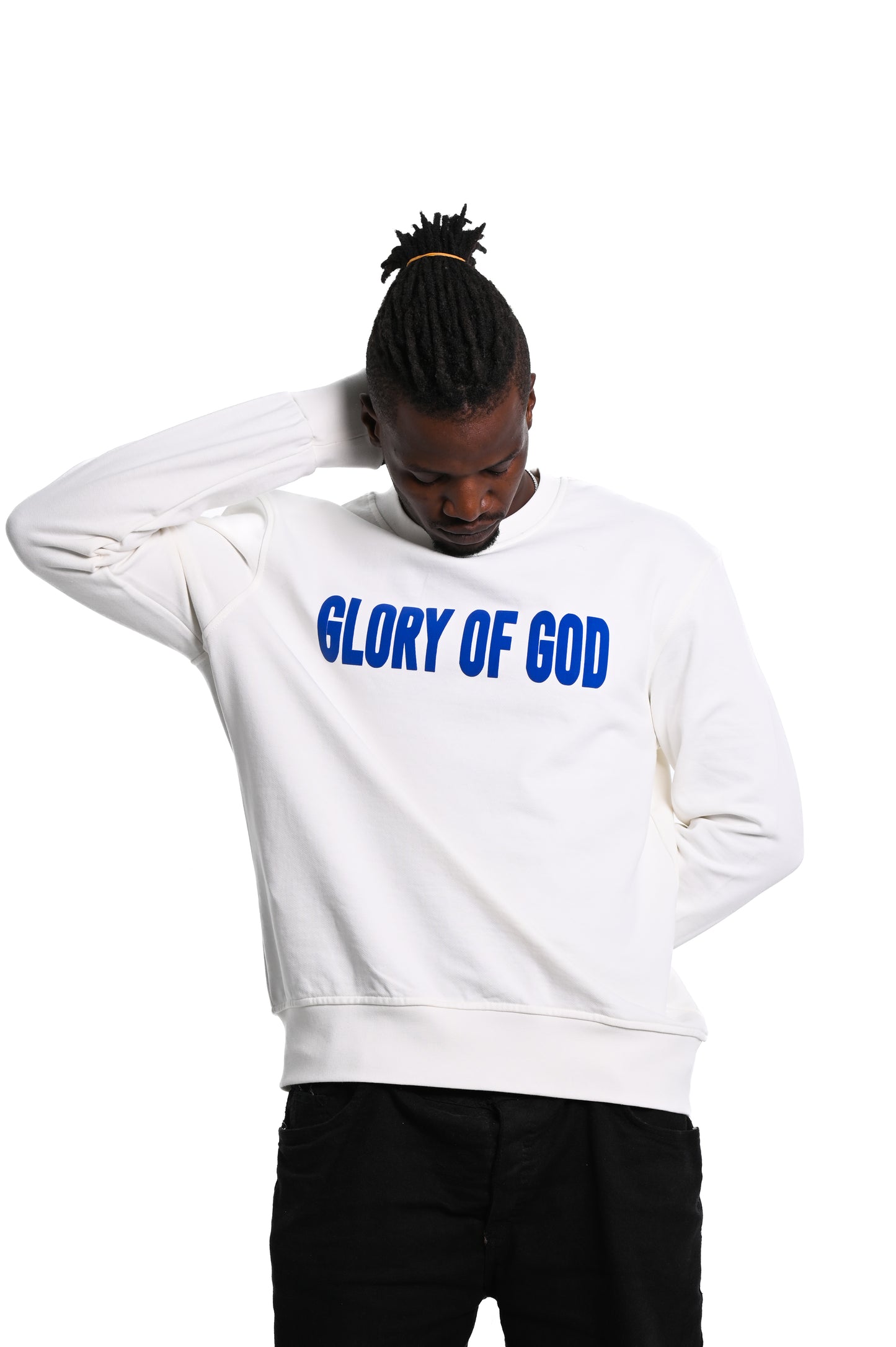 Glory of God Oversized Sweatshirt- White- Blue print