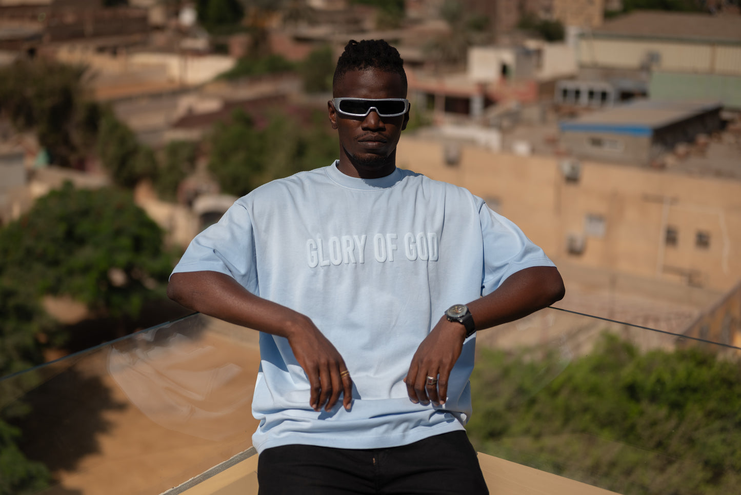 Glory of God Oversized Half Sleeve T-Shirt - Premium Cotton in Sea Lion Blue